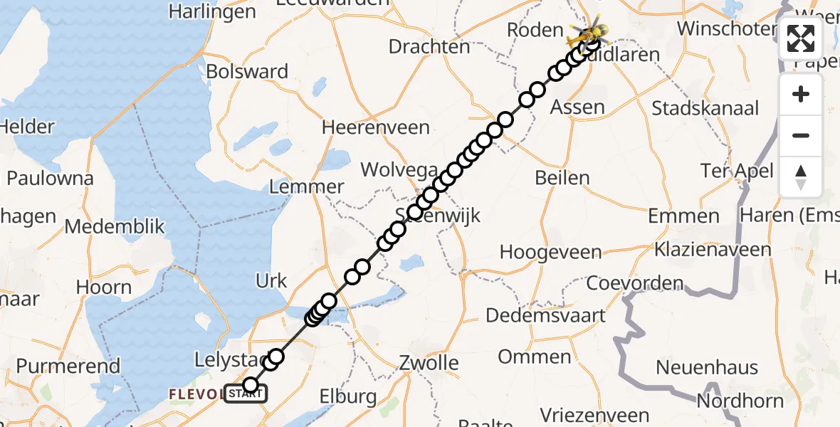 Vluchtroute Traumahelikopter Lelystad Airport - Groningen Airport Eelde, 16 augustus 2026, 16:19