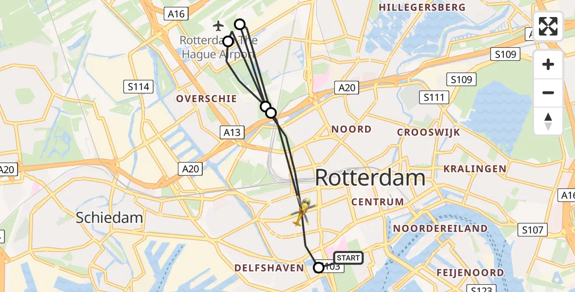 Vluchtroute Traumahelikopter Erasmus MC - Rotterdam, 16 augustus 2026, 16:46