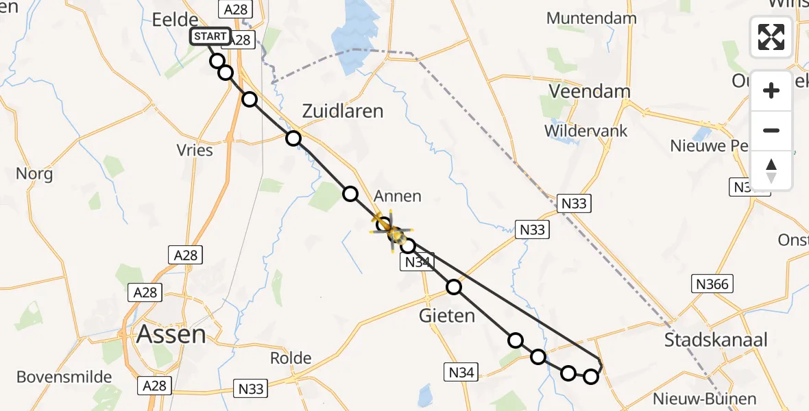 Vluchtroute Traumahelikopter Groningen Airport Eelde - Anloo, 16 augustus 2026, 17:52