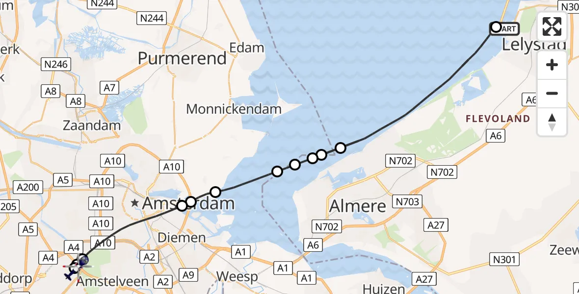 Vluchtroute Politiehelikopter IJsselmeer - Amsterdam Vliegveld Schiphol, 16 augustus 2026, 19:06