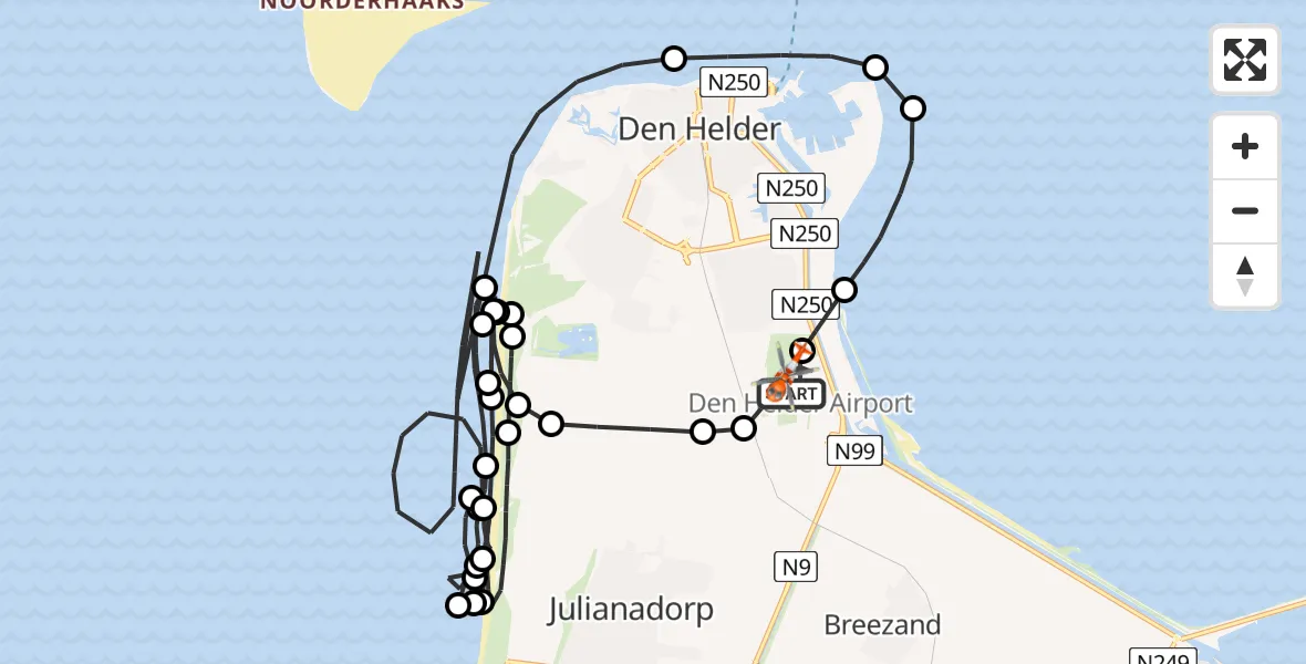 Vluchtroute Kustwachthelikopter Militair vliegveld De Kooy / Den Helder Airport - Militair vliegveld De Kooy / Den Helder Airport, 16 augustus 2026, 19:09
