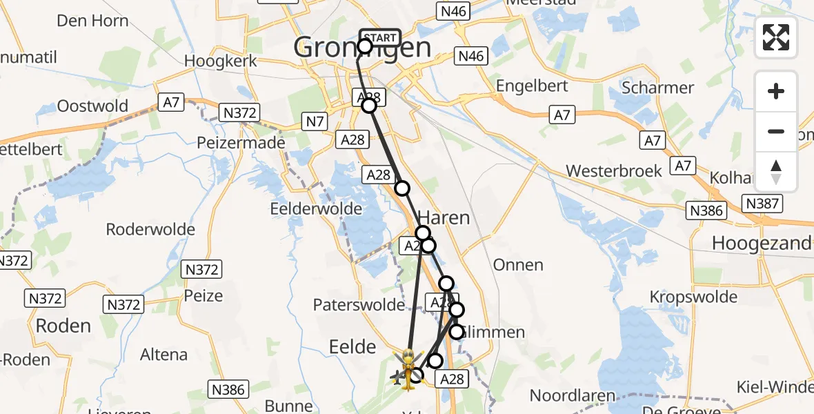 Vluchtroute Traumahelikopter Universitair Medisch Centrum Groningen - Groningen Airport Eelde, 16 augustus 2026, 19:31