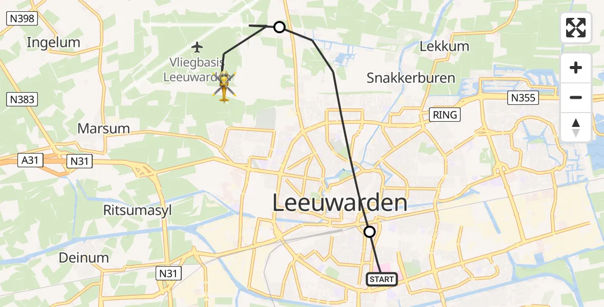 Vluchtroute Ambulancehelikopter Leeuwarden Medical Center Heliport - Vliegbasis Leeuwarden, 16 augustus 2026, 20:23