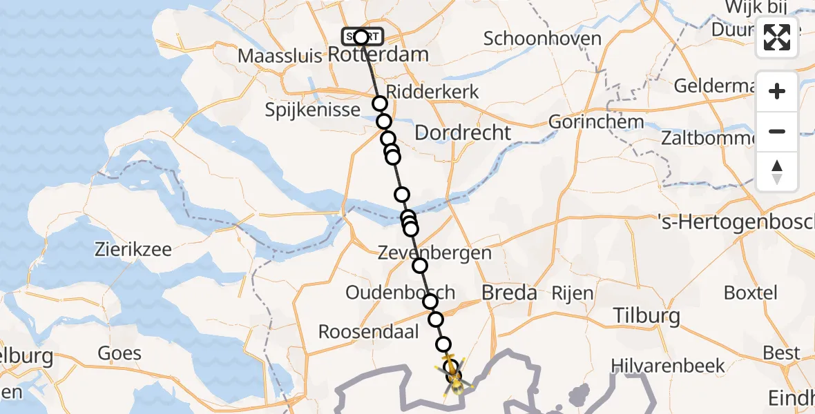 Vluchtroute Traumahelikopter Rotterdam The Hague Airport - Zundert, 16 augustus 2026, 22:40