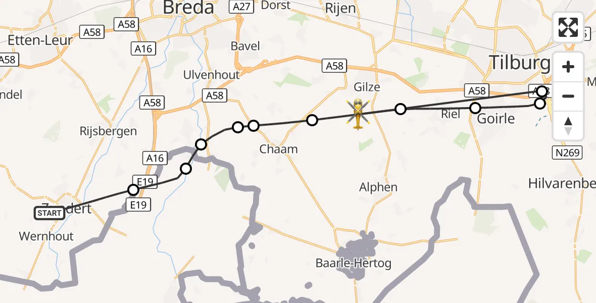 Vluchtroute Traumahelikopter Zundert - Gilze, 16 augustus 2026, 23:37