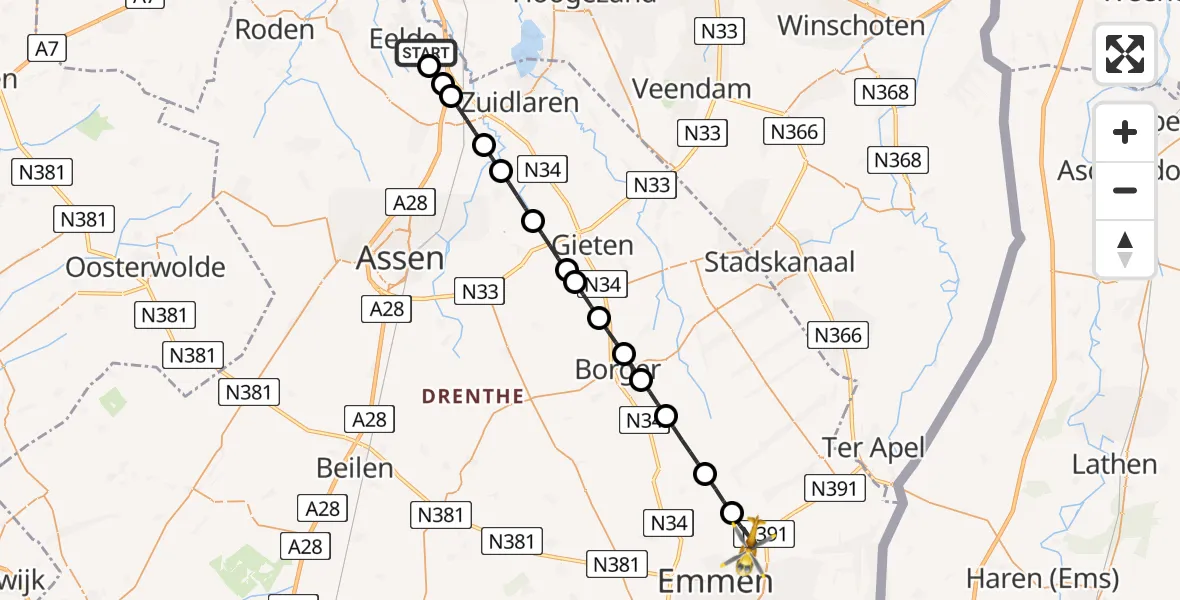 Vluchtroute Traumahelikopter Groningen Airport Eelde - Emmen, 17 augustus 2026, 05:15