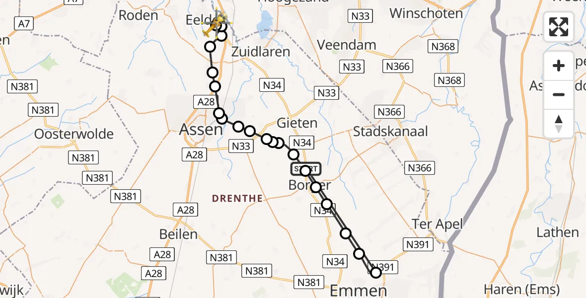 Vluchtroute Traumahelikopter Drouwen - Groningen Airport Eelde, 17 augustus 2026, 05:54
