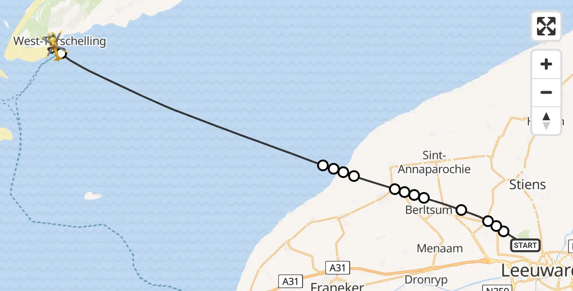 Vluchtroute Ambulancehelikopter Vliegbasis Leeuwarden - West-Terschelling, 17 augustus 2026, 06:30