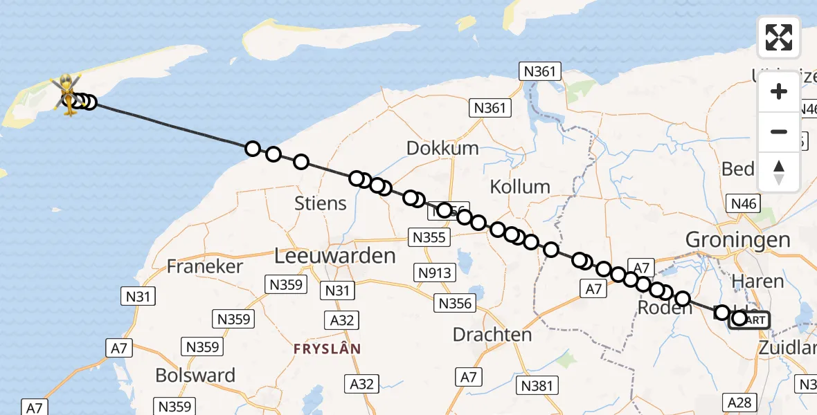 Vluchtroute Traumahelikopter Groningen Airport Eelde - Terschelling Heliport, 17 augustus 2026, 06:39