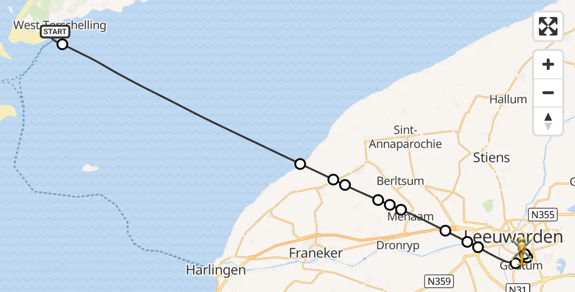 Vluchtroute Ambulancehelikopter West-Terschelling - Leeuwarden Medical Center Heliport, 17 augustus 2026, 07:01