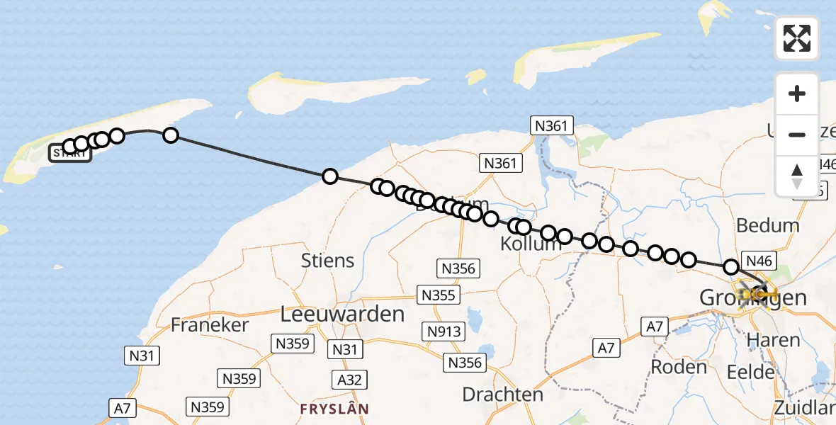 Vluchtroute Traumahelikopter Terschelling Heliport - Universitair Medisch Centrum Groningen, 17 augustus 2026, 07:25