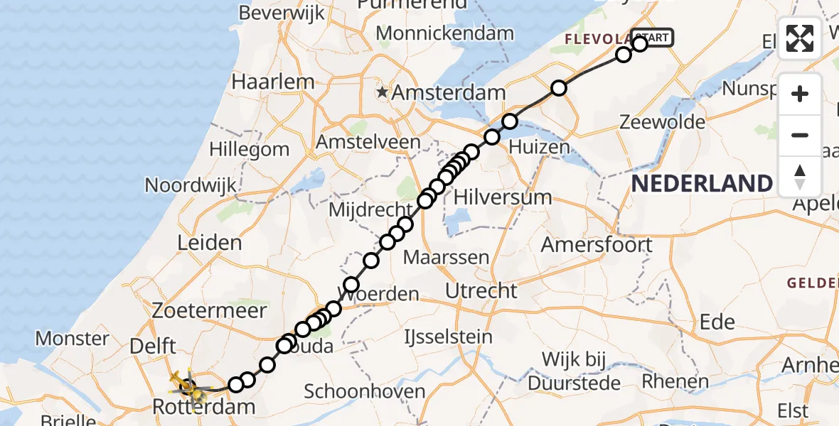 Vluchtroute Traumahelikopter Lelystad Airport - Rotterdam The Hague Airport, 17 augustus 2026, 08:08