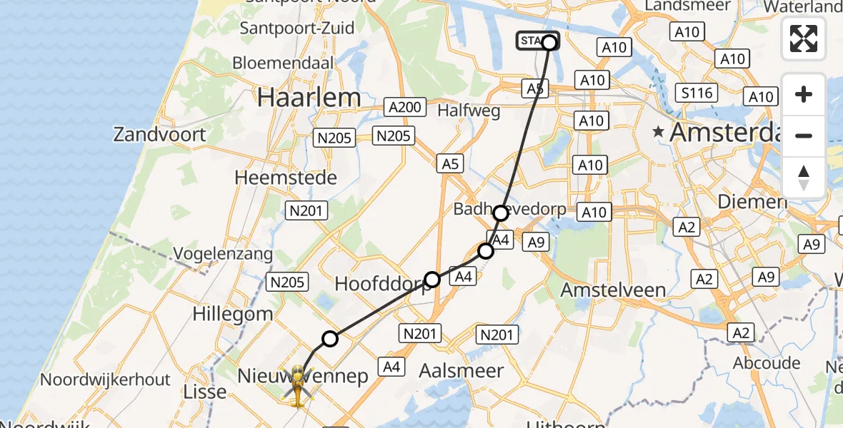 Vluchtroute Traumahelikopter Amsterdam Heliport - Nieuw-Vennep, 17 augustus 2026, 09:10