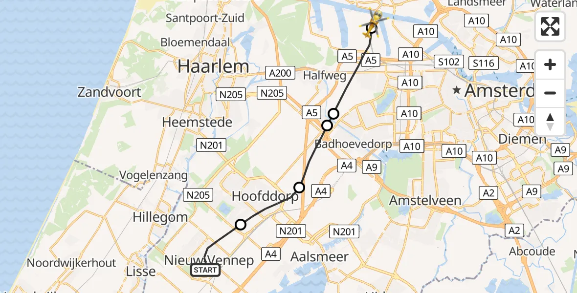 Vluchtroute Traumahelikopter Nieuw-Vennep - Amsterdam Heliport, 17 augustus 2026, 09:38