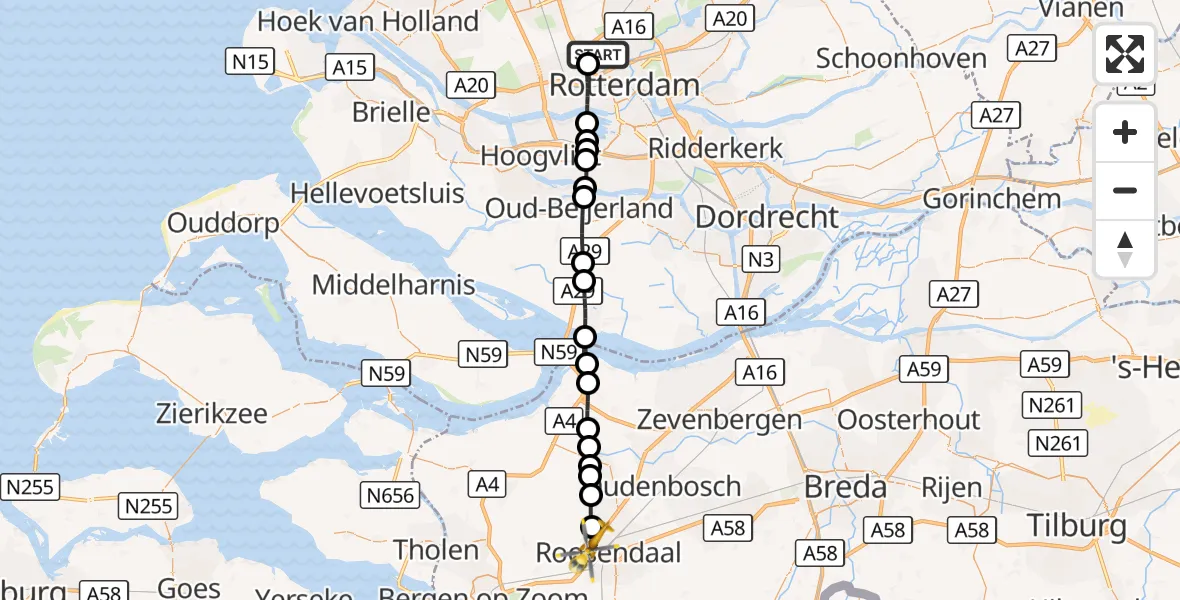 Vluchtroute Traumahelikopter Rotterdam The Hague Airport - Roosendaal, 18 augustus 2026, 02:28