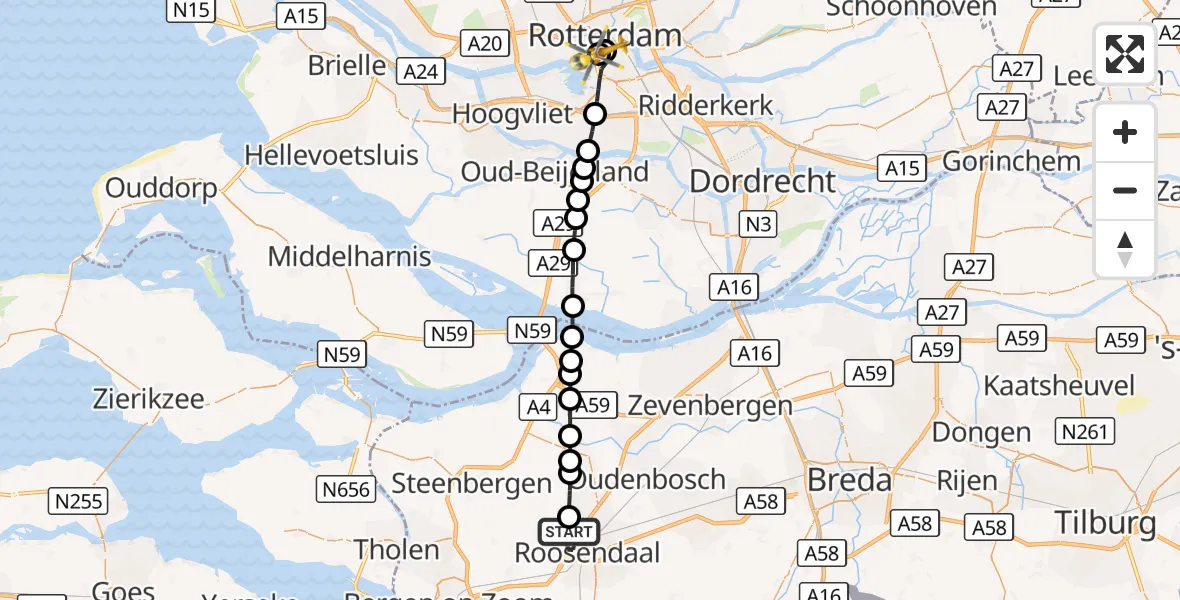 Vluchtroute Traumahelikopter Roosendaal - Erasmus MC, 18 augustus 2026, 03:19