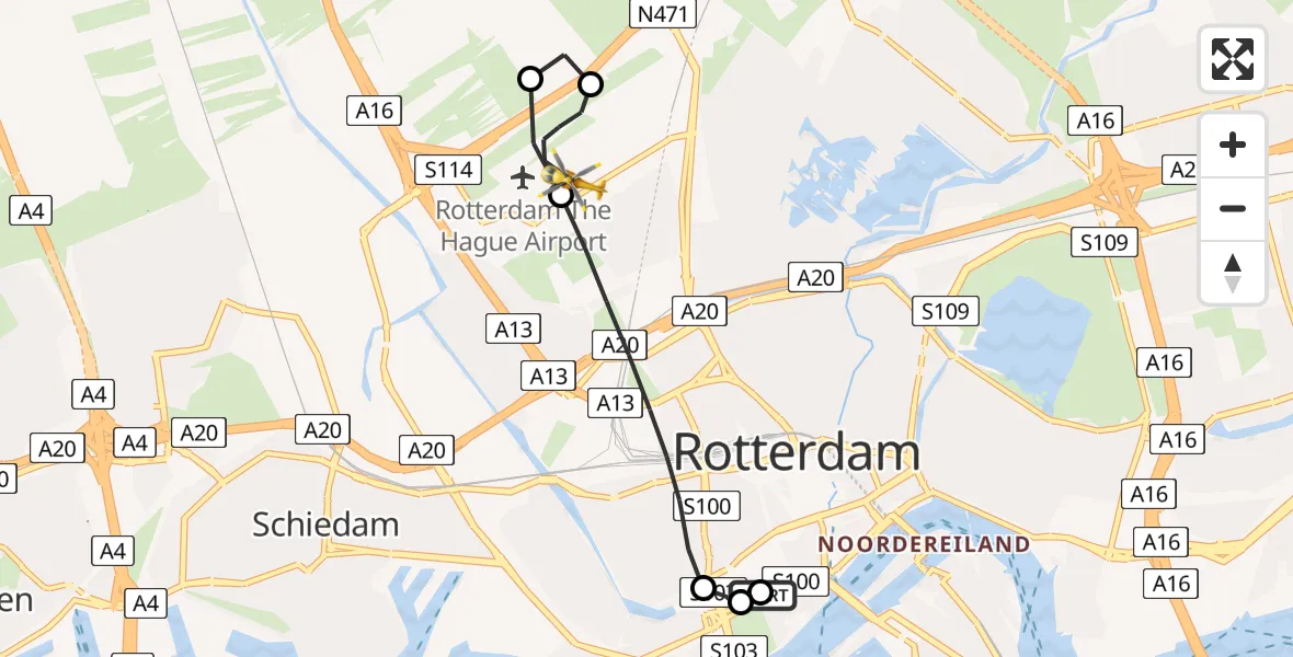 Vluchtroute Traumahelikopter Erasmus MC - Rotterdam The Hague Airport, 18 augustus 2026, 04:06