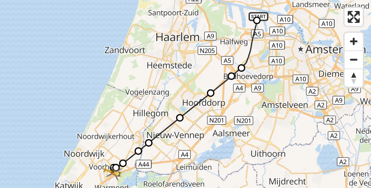 Vluchtroute Traumahelikopter Amsterdam Heliport - Sassenheim, 18 augustus 2026, 09:57