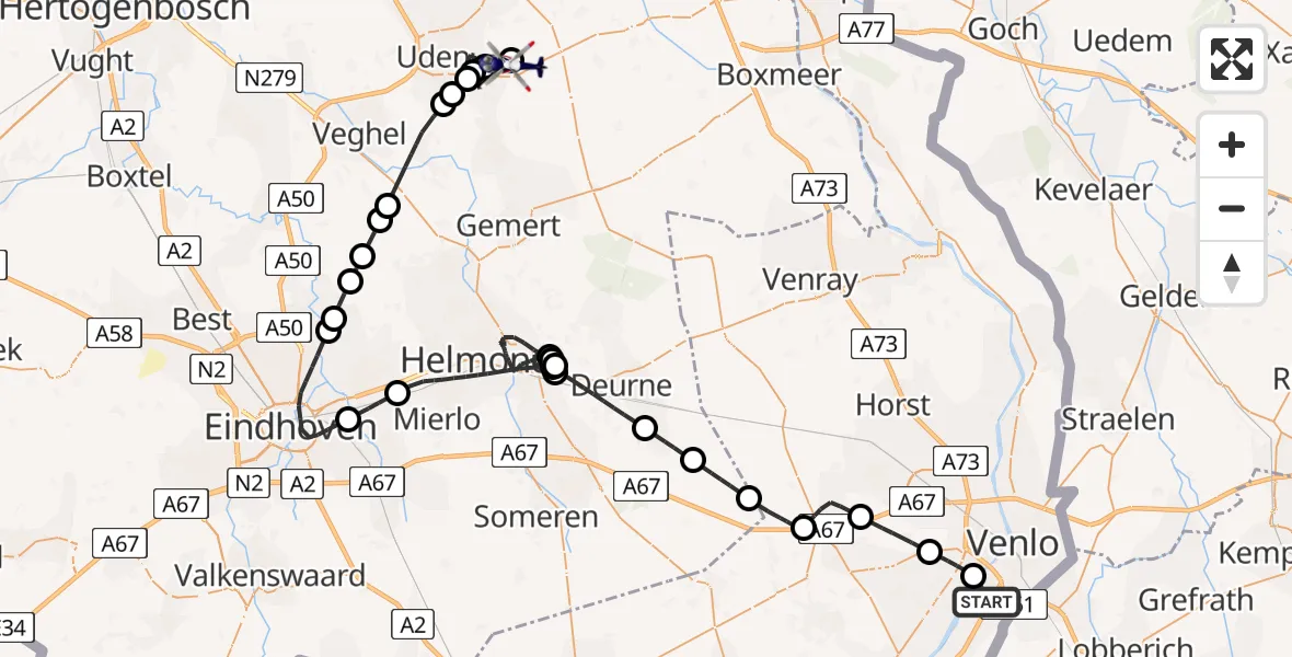 Vluchtroute Politiehelikopter Tegelen - Vliegbasis Volkel, 18 augustus 2026, 11:18