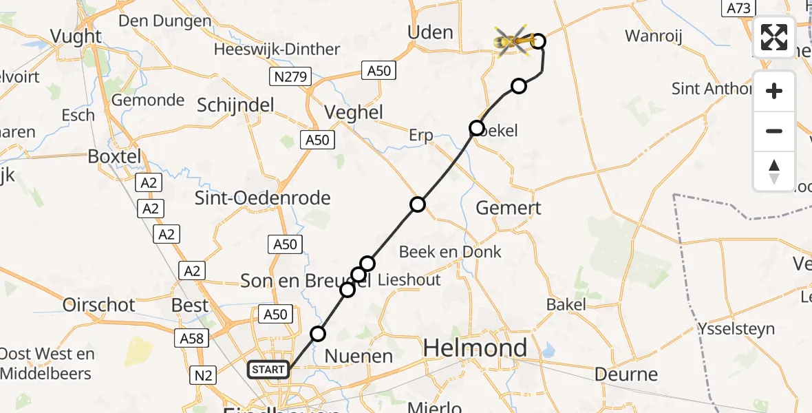 Vluchtroute Traumahelikopter Eindhoven - Vliegbasis Volkel, 18 augustus 2026, 12:07