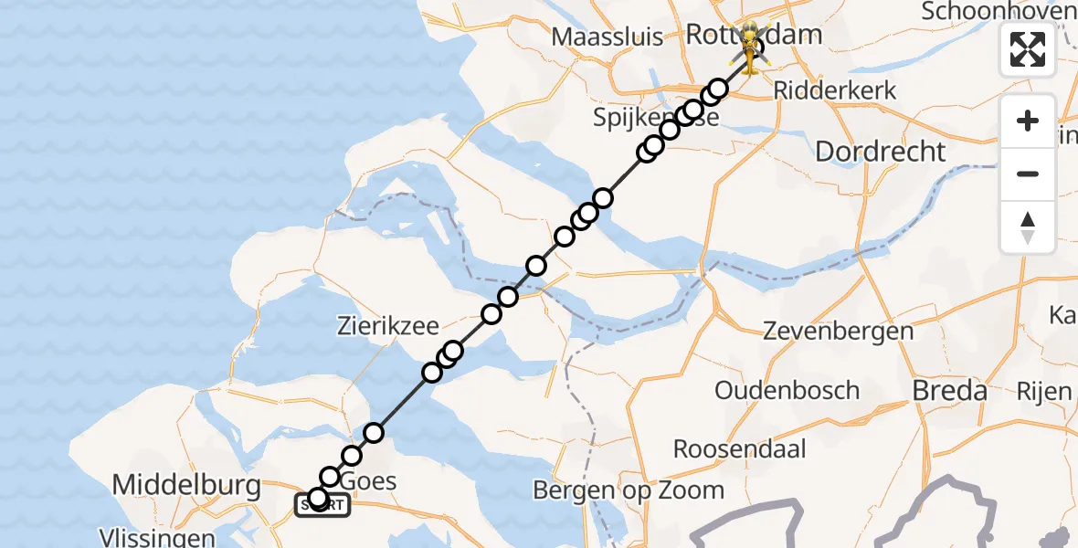 Vluchtroute Traumahelikopter 's-Heer Abtskerke - Erasmus Medisch Centrum Heliport, 18 augustus 2026, 12:09