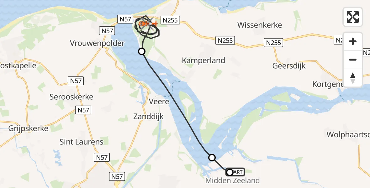 Vluchtroute Kustwachthelikopter Vliegveld Midden-Zeeland - Kamperland, 18 augustus 2026, 12:35