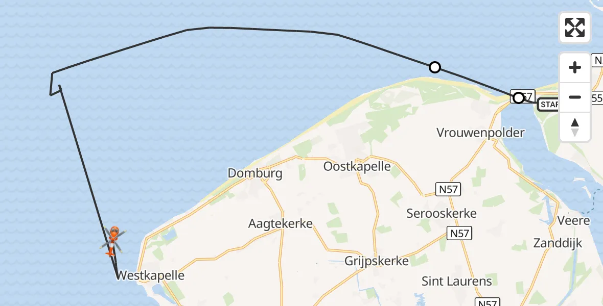 Vluchtroute Kustwachthelikopter Kamperland - Noordzee, 18 augustus 2026, 12:52
