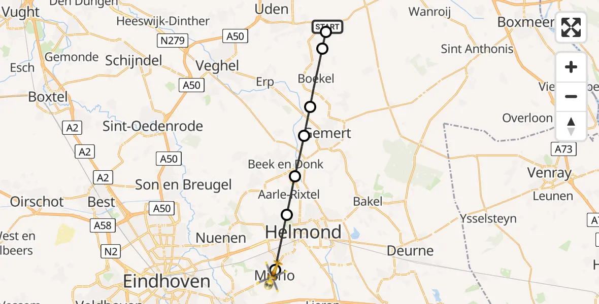 Vluchtroute Traumahelikopter Vliegbasis Volkel - Mierlo, 18 augustus 2026, 13:13