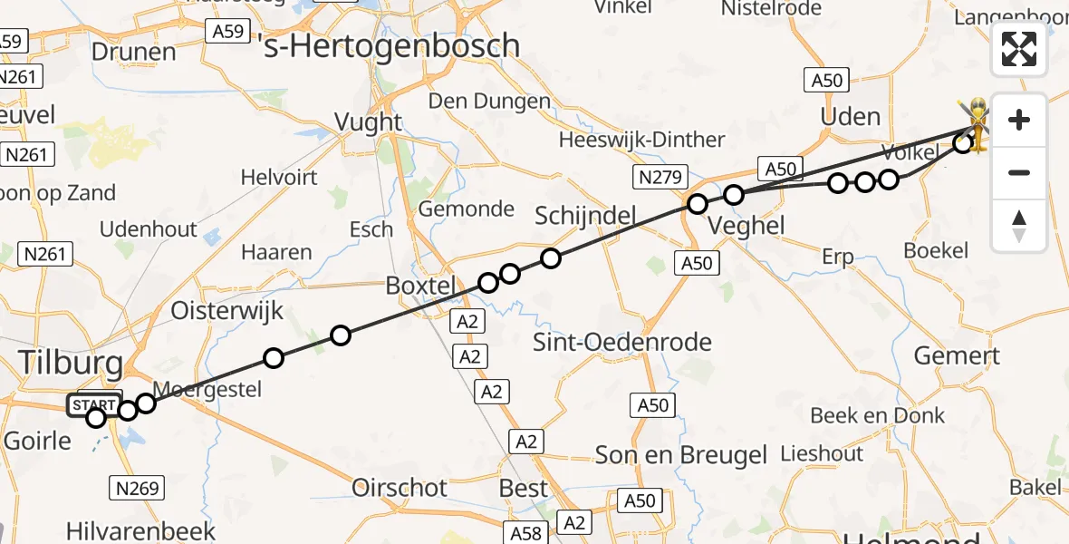 Vluchtroute Traumahelikopter St. Elisabeth Hospital Heliport - Vliegbasis Volkel, 18 augustus 2026, 14:50