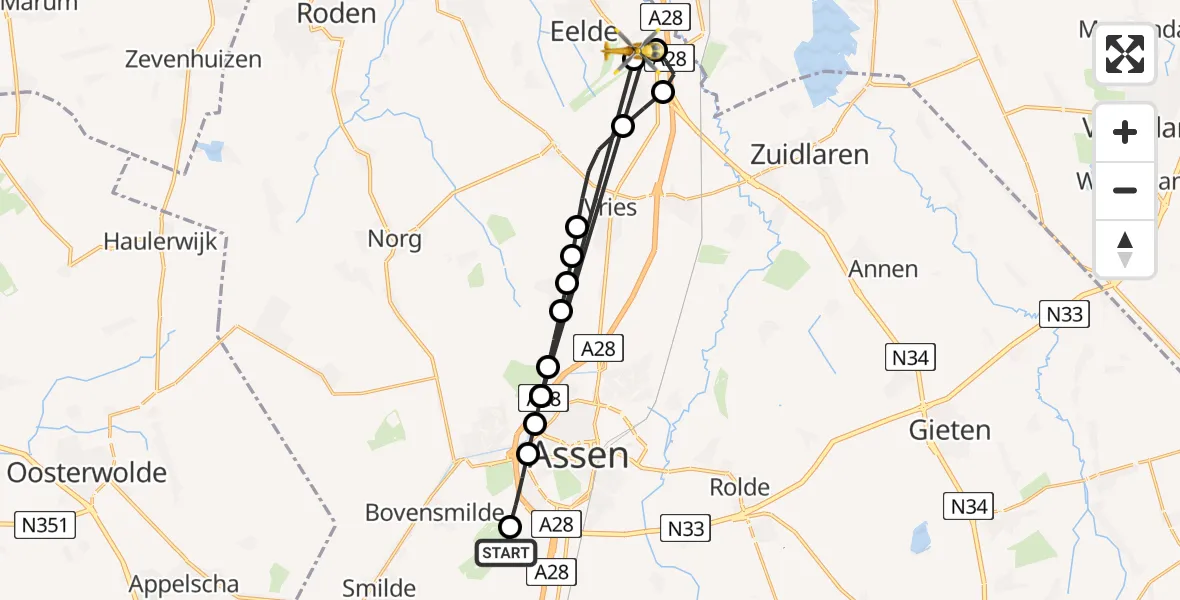 Vluchtroute Traumahelikopter TT Circuit Assen Helipad - Groningen Airport Eelde, 18 augustus 2026, 16:10