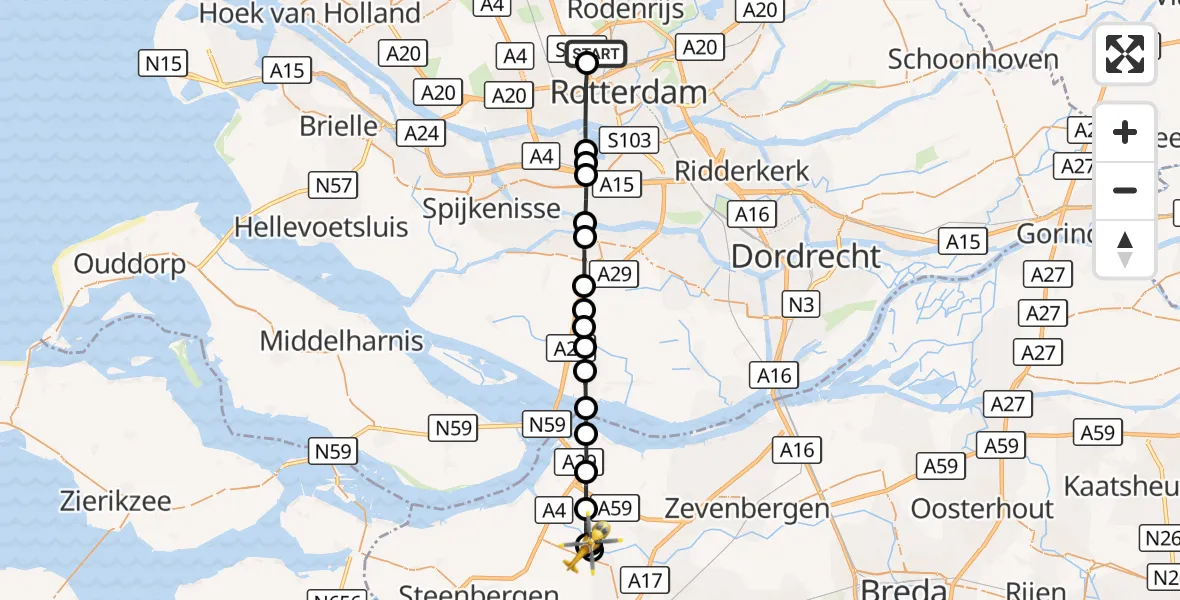 Vluchtroute Traumahelikopter Rotterdam The Hague Airport - Dinteloord, 18 augustus 2026, 18:09