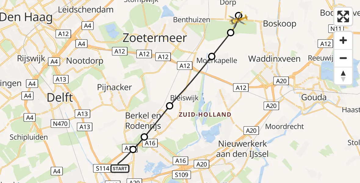 Vluchtroute Traumahelikopter Rotterdam The Hague Airport - Hazerswoude-Dorp, 19 augustus 2026, 04:28