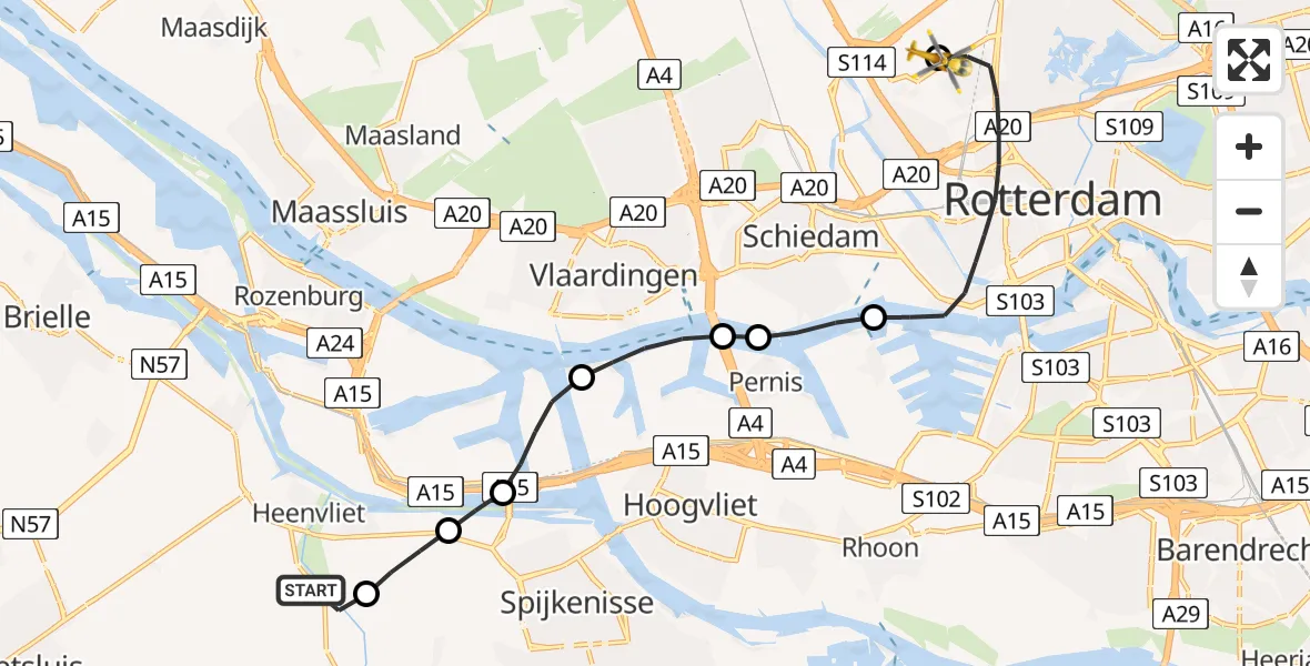 Vluchtroute Traumahelikopter Abbenbroek - Rotterdam The Hague Airport, 19 augustus 2026, 05:12