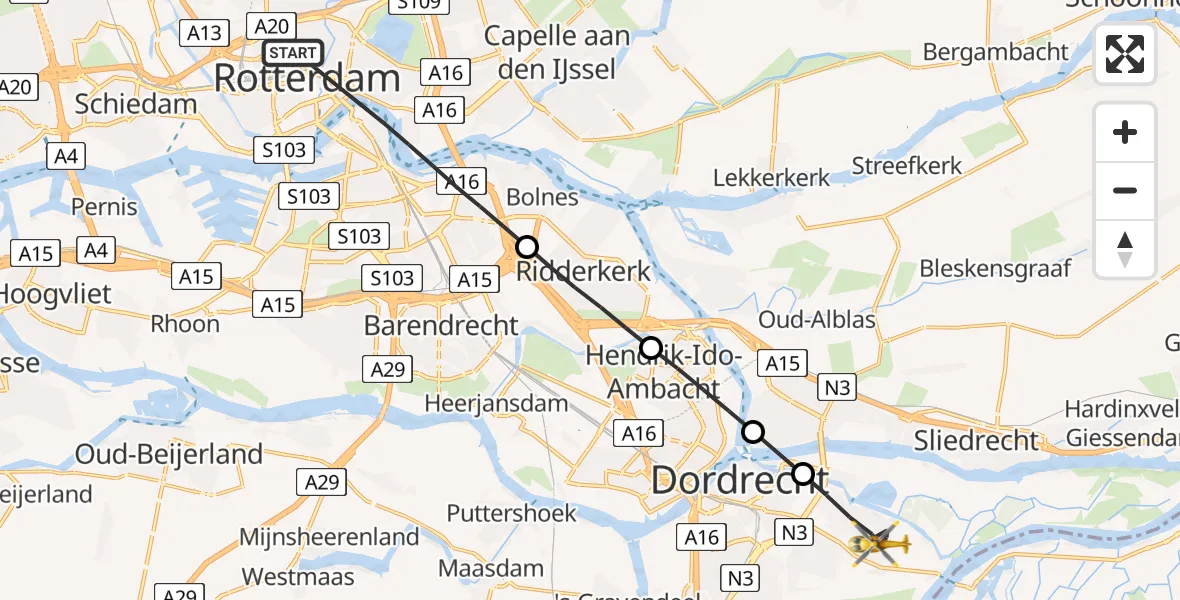 Vluchtroute Traumahelikopter Rotterdam - Dordrecht, 19 augustus 2026, 06:42