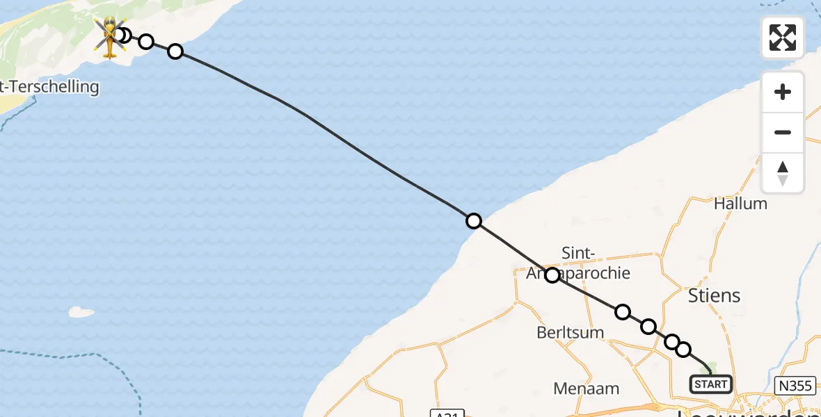 Vluchtroute Ambulancehelikopter Vliegbasis Leeuwarden - Terschelling Heliport, 19 augustus 2026, 06:49