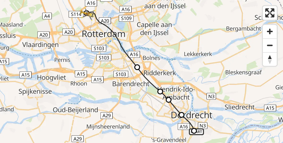 Vluchtroute Traumahelikopter Albert Schweitzer Hospital Dordrecht Heliport - Rotterdam The Hague Airport, 19 augustus 2026, 07:58