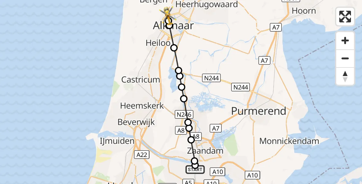 Vluchtroute Traumahelikopter Amsterdam Heliport - Alkmaar, 19 augustus 2026, 08:38