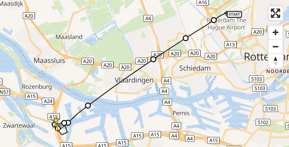 Vluchtroute Traumahelikopter Rotterdam The Hague Airport - Botlek Rotterdam, 19 augustus 2026, 08:48
