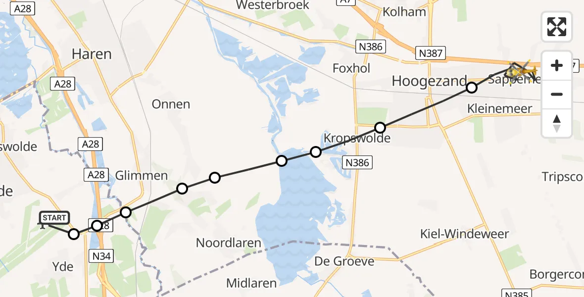 Vluchtroute Traumahelikopter Groningen Airport Eelde - Sappemeer, 19 augustus 2026, 09:00