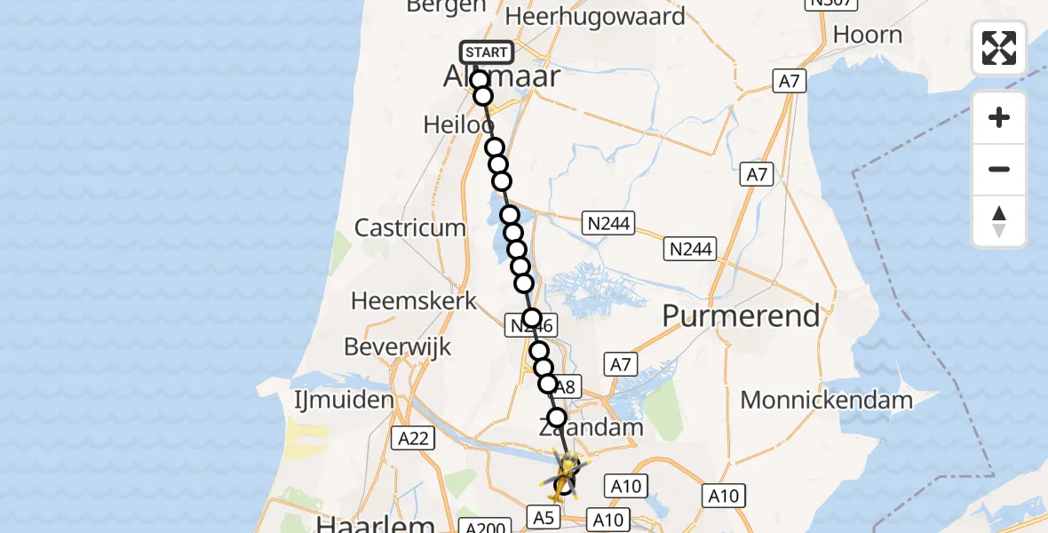 Vluchtroute Traumahelikopter Alkmaar - Amsterdam Heliport, 19 augustus 2026, 09:07