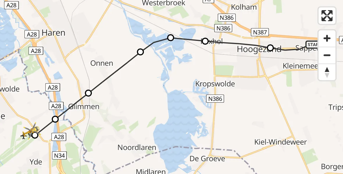 Vluchtroute Traumahelikopter Sappemeer - Groningen Airport Eelde, 19 augustus 2026, 09:20