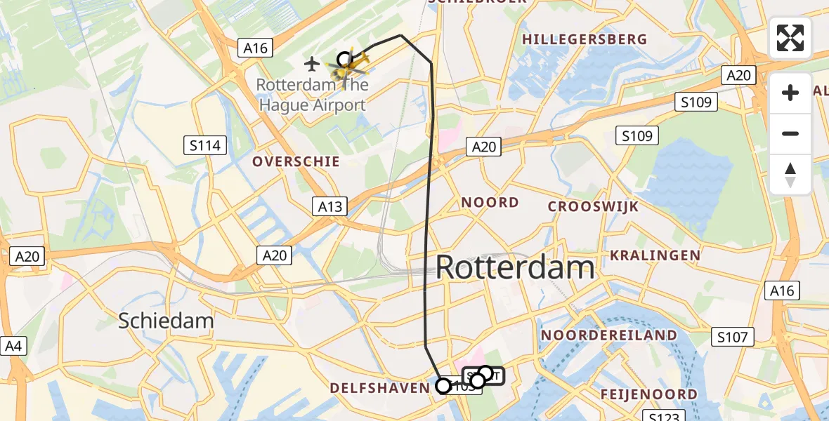 Vluchtroute Traumahelikopter Erasmus MC - Rotterdam The Hague Airport, 19 augustus 2026, 09:50