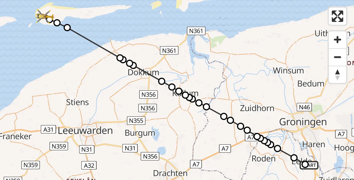 Vluchtroute Traumahelikopter Groningen Airport Eelde - Hollum, 19 augustus 2026, 11:42