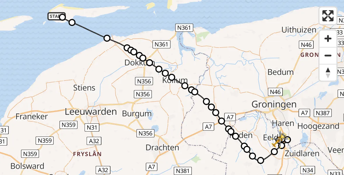 Vluchtroute Traumahelikopter Hollum - Groningen Airport Eelde, 19 augustus 2026, 12:52