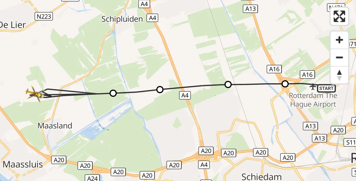 Vluchtroute Traumahelikopter Rotterdam The Hague Airport - Maasland, 19 augustus 2026, 13:13
