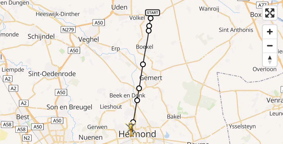 Vluchtroute Traumahelikopter Vliegbasis Volkel - Helmond, 19 augustus 2026, 15:43