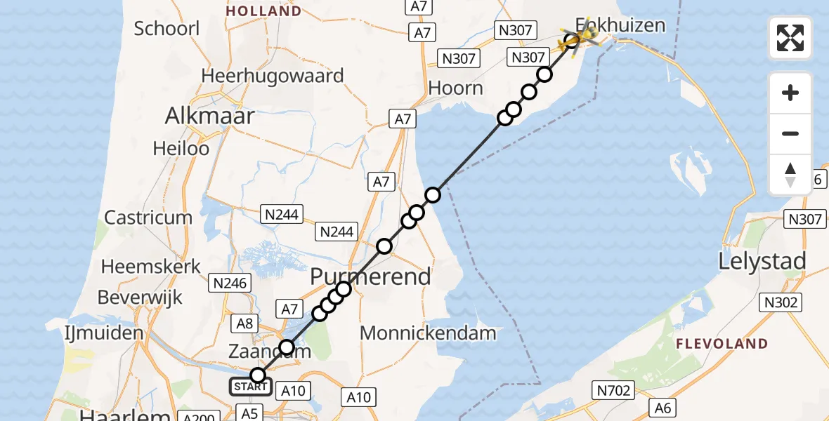 Vluchtroute Traumahelikopter Amsterdam Heliport - Grootebroek, 19 augustus 2026, 15:51