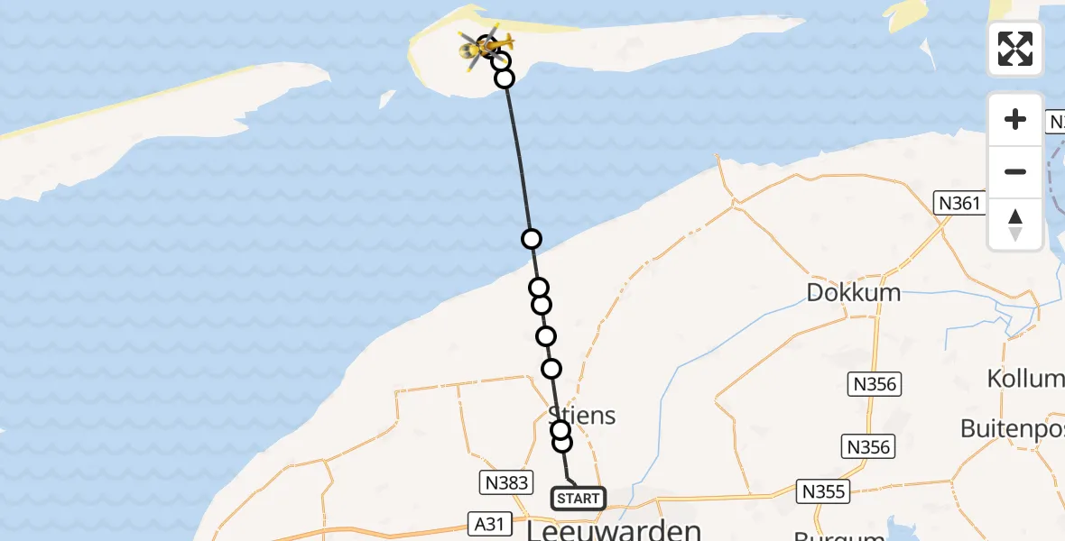 Vluchtroute Ambulancehelikopter Vliegbasis Leeuwarden - Ameland Vliegveld Ballum, 19 augustus 2026, 16:05