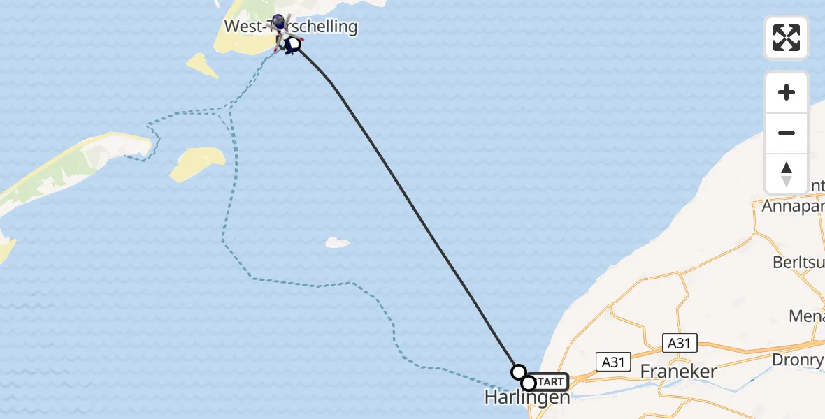 Vluchtroute Politiehelikopter Midlum - West-Terschelling, 19 augustus 2026, 17:28