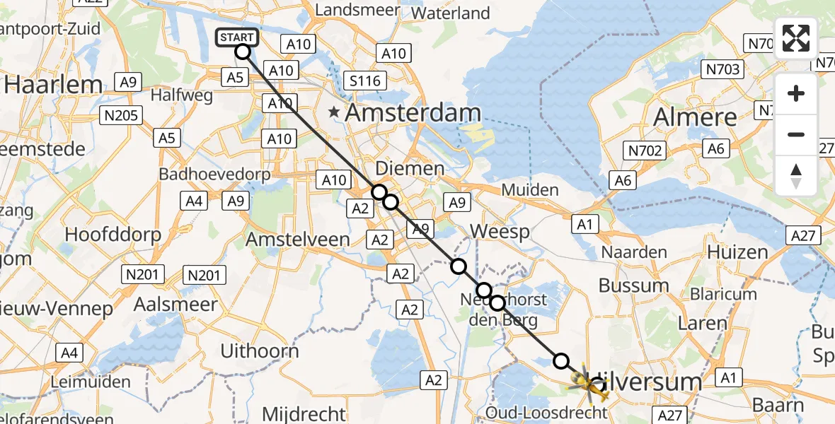 Vluchtroute Traumahelikopter Amsterdam Heliport - Hilversum, 19 augustus 2026, 20:07
